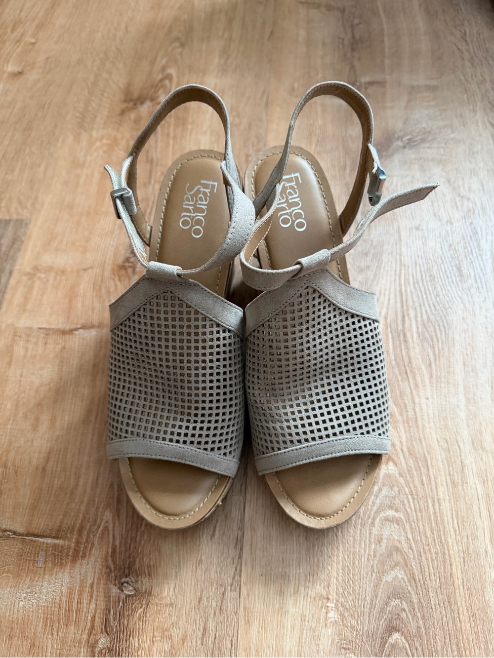 Franco Sarto Canyon Perforated Suede Cork Wedge Sandals – Women’s Size 9